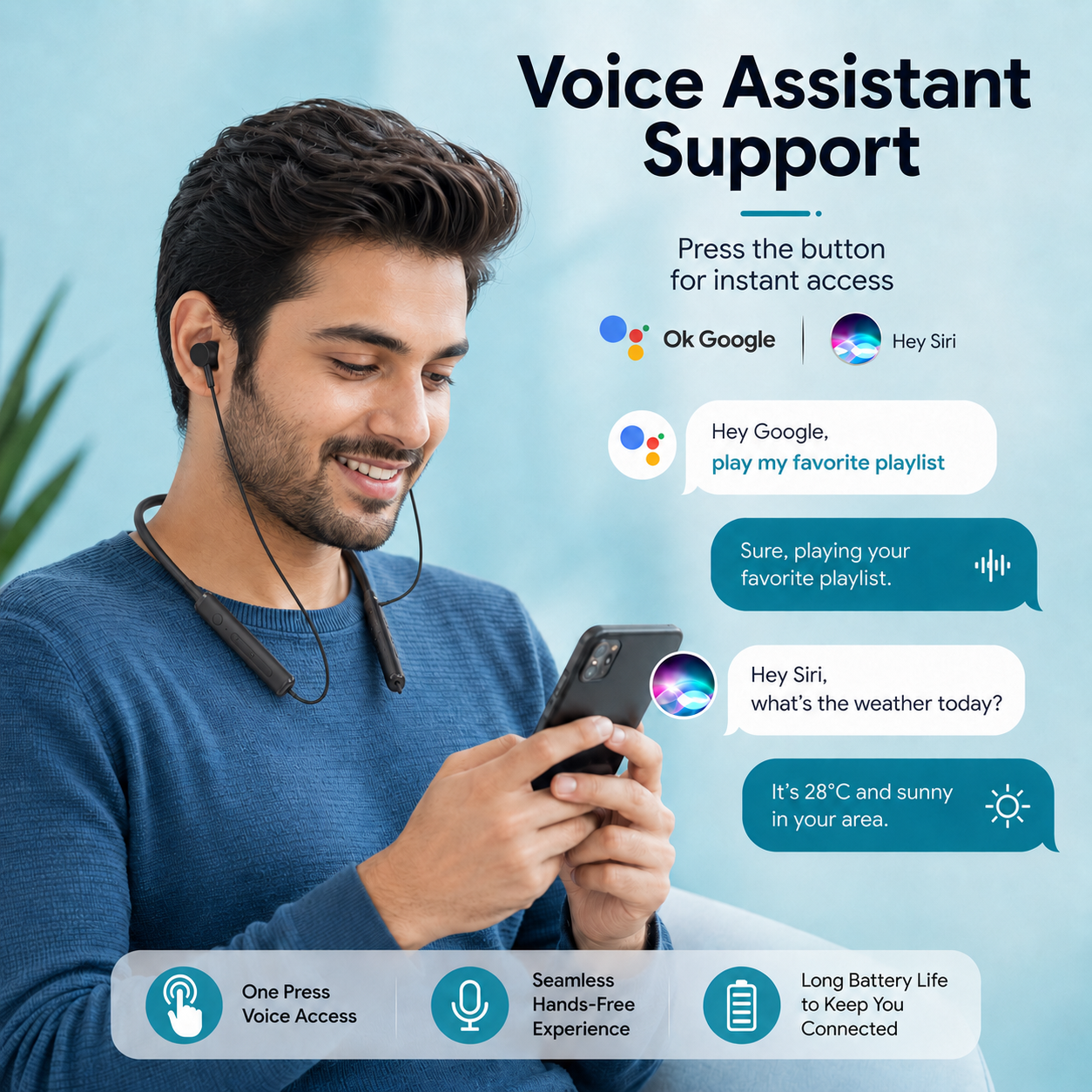 HANU Vibe Pro Wireless Neckband Earphones with 45 Hours Playtime, 10 Min Charge = 8 Hours Playback, Voice Assistant Support, Magnetic Earbuds, Deep Bass & Comfortable Fit