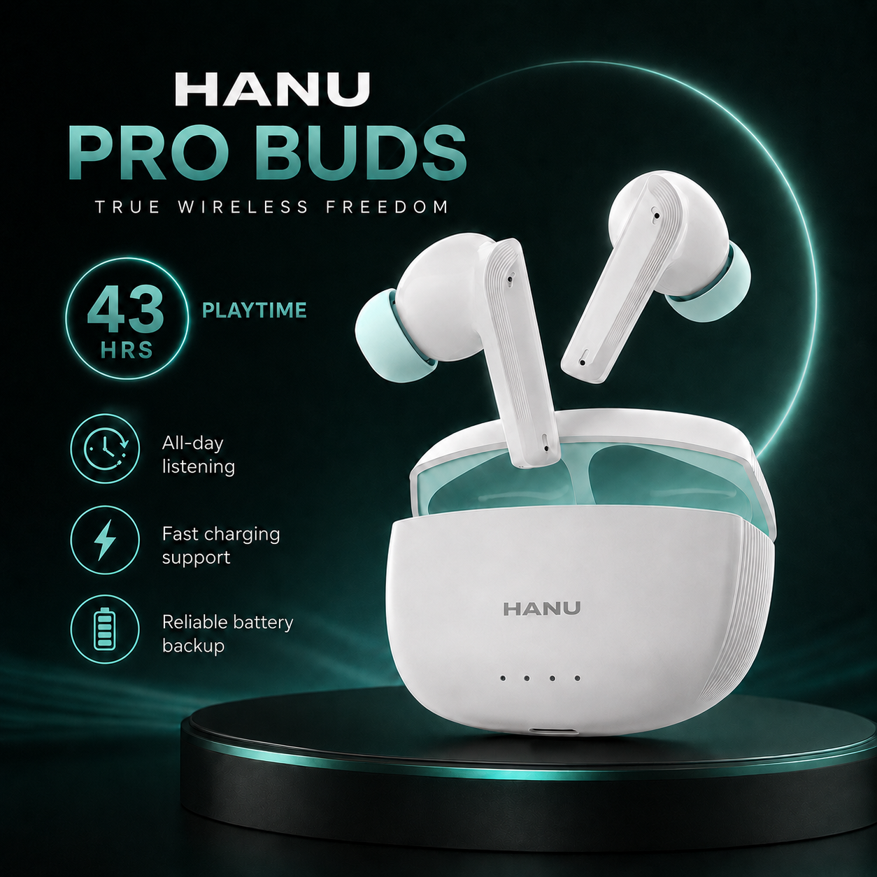HANU Pro Buds White with 13mm Titanium Driver, Deep Bass, 43 Hours Playtime, Sweat Resistant, Fast Charging, Touch Control & Voice Assistant Support
