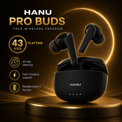 HANU Pro Buds Black with 13mm Titanium Driver, Deep Bass, 43 Hours Playtime, Sweat Resistant, Fast Charging, Touch Control & Voice Assistant Support
