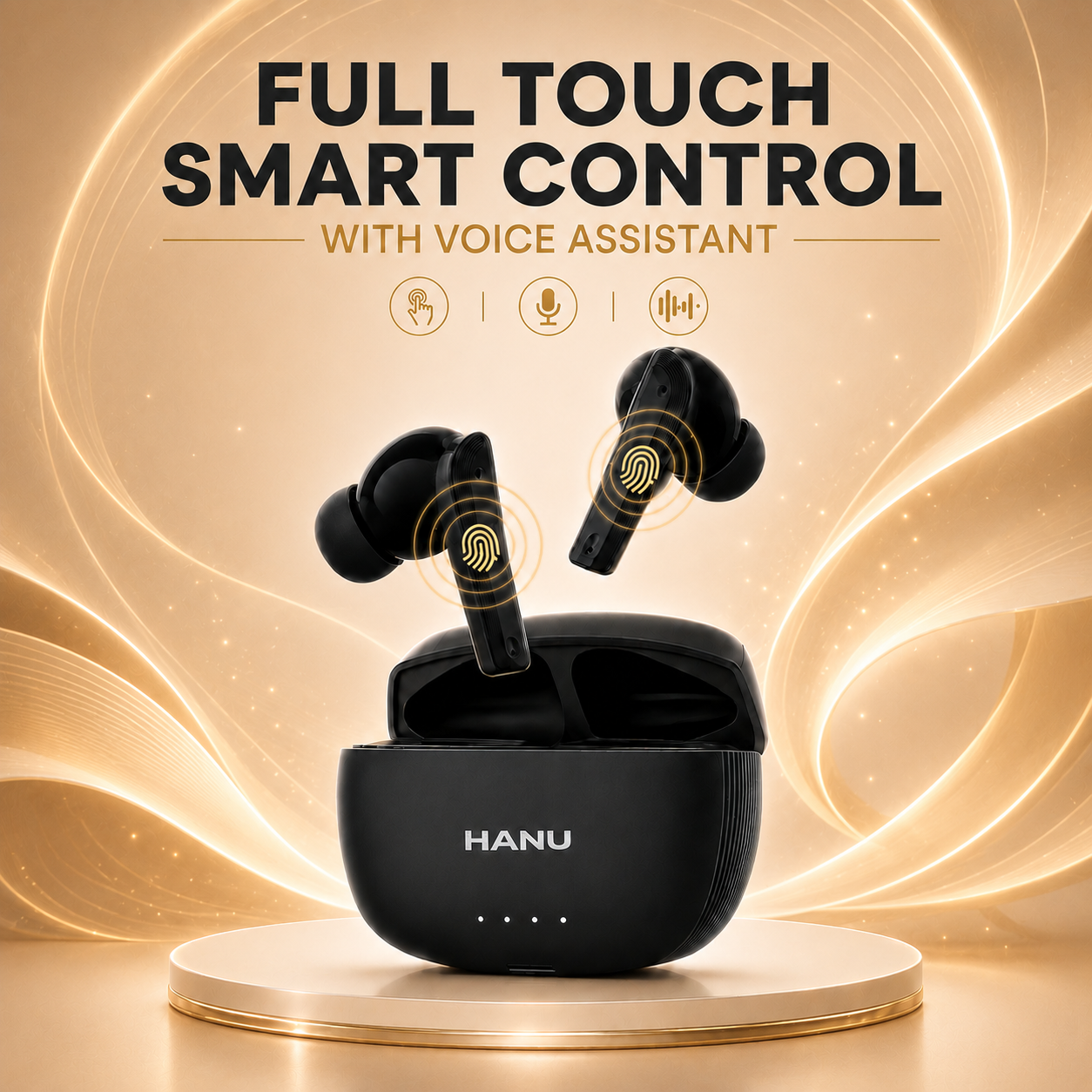HANU Pro Buds Black with 13mm Titanium Driver, Deep Bass, 43 Hours Playtime, Sweat Resistant, Fast Charging, Touch Control & Voice Assistant Support