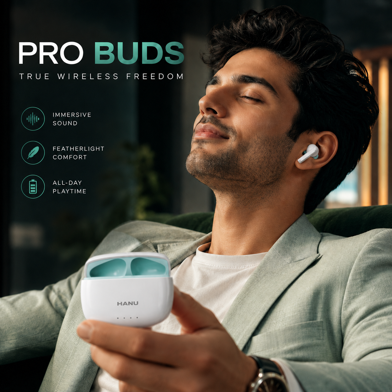 HANU Pro Buds White with 13mm Titanium Driver, Deep Bass, 43 Hours Playtime, Sweat Resistant, Fast Charging, Touch Control & Voice Assistant Support