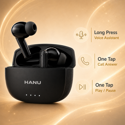 HANU Pro Buds Black with 13mm Titanium Driver, Deep Bass, 43 Hours Playtime, Sweat Resistant, Fast Charging, Touch Control & Voice Assistant Support