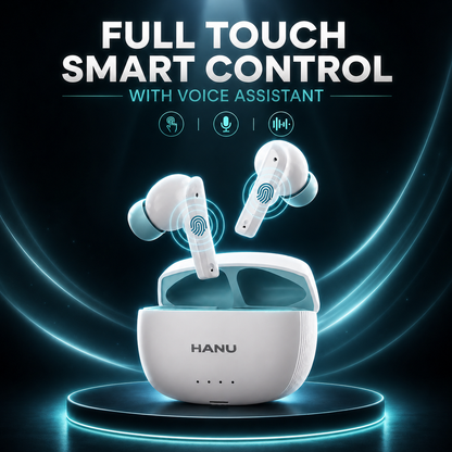HANU Pro Buds White with 13mm Titanium Driver, Deep Bass, 43 Hours Playtime, Sweat Resistant, Fast Charging, Touch Control & Voice Assistant Support