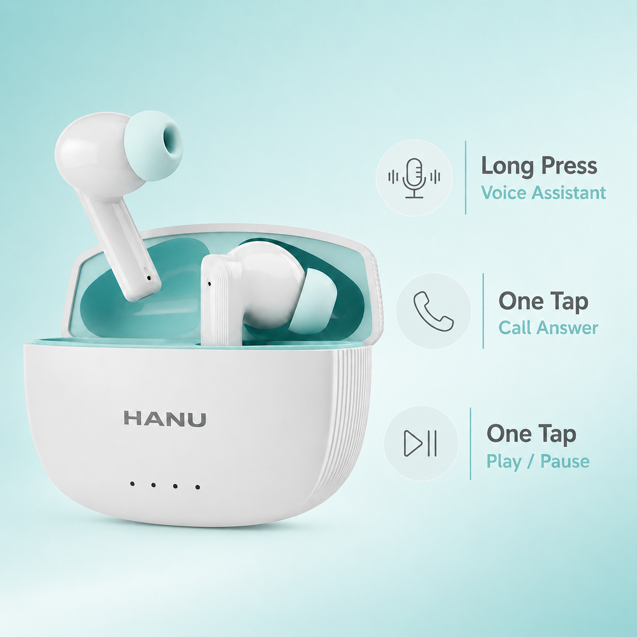HANU Pro Buds White with 13mm Titanium Driver, Deep Bass, 43 Hours Playtime, Sweat Resistant, Fast Charging, Touch Control & Voice Assistant Support