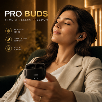 HANU Pro Buds Black with 13mm Titanium Driver, Deep Bass, 43 Hours Playtime, Sweat Resistant, Fast Charging, Touch Control & Voice Assistant Support