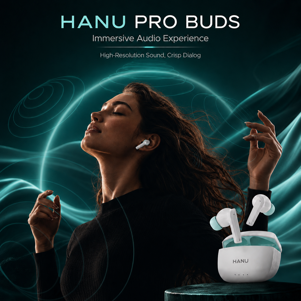 HANU Pro Buds White with 13mm Titanium Driver, Deep Bass, 43 Hours Playtime, Sweat Resistant, Fast Charging, Touch Control & Voice Assistant Support