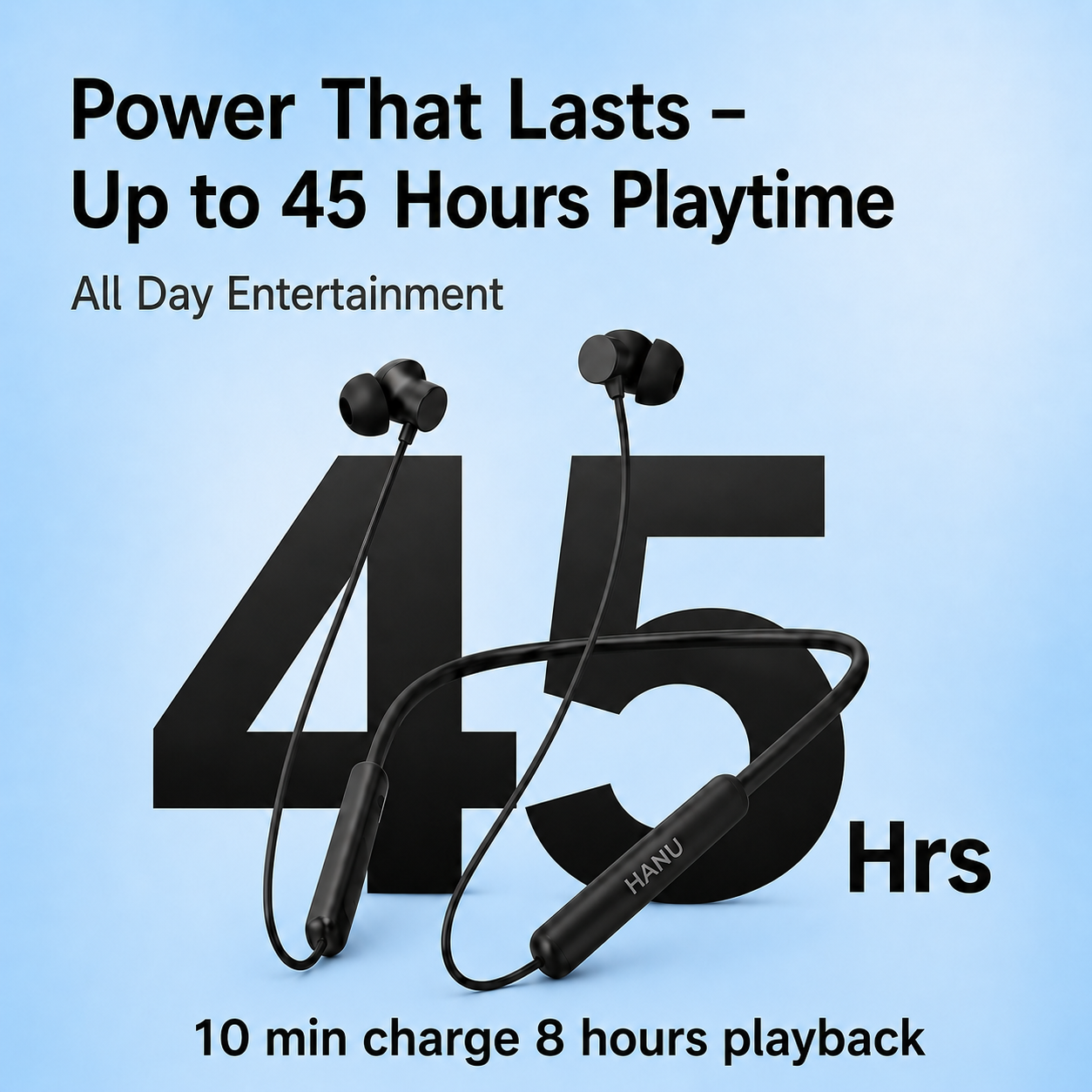 HANU Vibe Pro Wireless Neckband Earphones with 45 Hours Playtime, 10 Min Charge = 8 Hours Playback, Voice Assistant Support, Magnetic Earbuds, Deep Bass & Comfortable Fit