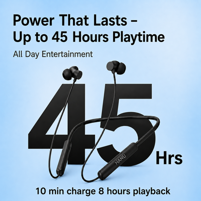 HANU Vibe Pro Wireless Neckband Earphones with 45 Hours Playtime, 10 Min Charge = 8 Hours Playback, Voice Assistant Support, Magnetic Earbuds, Deep Bass & Comfortable Fit